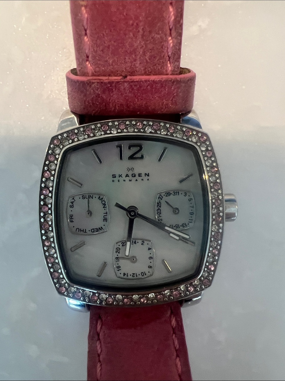 Skagen Pink Leather Strap Watch with Crystal Accent - Picture 2 of 4